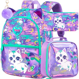 FTJCF 16.5" Cat Backpack for Girls, 3Pcs Kids Bookbag Set for Kindergarten/Preschool/Elementary School，Lightweight Backpacks with Lunch Box (Purple)