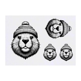 4 x 'Beaver wearing Woolly Hat' Temporary Tattoos - Water Resistant, Skin-Safe, Non-Toxic Transfers, Mixed Sizes (TO00070220)
