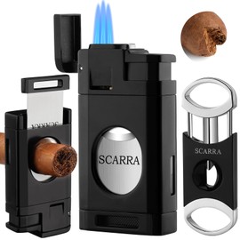 SCARRA Cigar Lighter, Multi-Function Torch Lighter and Cigar Cutter V Cut Set, Perfect Cigar Gift for Men, Windproof Triple Jet Flame Refillable Butane Lighters for Smoking Premium Cigar Accessory Kit
