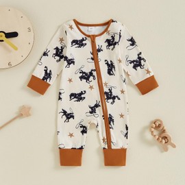 Mieeyali Western Baby Boy Clothes Cowboy Baby Outfit Infant Knight Print One-piece Jumpsuit Newborn Fall Winter Romper (Apricot, 6-12 Months)