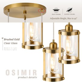 Osimir 3-Light Pendant Lighting, Brushed Gold Dining Room Chandelier Light Fixture Over Table with Clear Glass, Modern Cluster Hanging Lights for Kitchen Island Sink, OS-3014-3BG