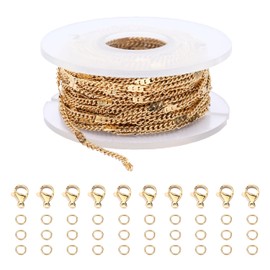 Loprome 33 Feet Stainless Steel Flat Link Chains for Jewelry Making, 18K Gold Plated Stainless Steel Chain Roll with Lobster Clasps and Jump Rings for Necklace Bracelet DIY Craft Jewelry Making