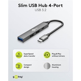 goobay 4-Port USB 3.2 Hub Slim/USB Multiple Plug, USB Distributor, USB Hub/Slim USB-C to 3X USB-A and 1x USB-C Multiport Adapter USB 3.0 Hub / 5 Gbits USB Splitter / 74459