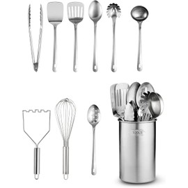 Cooking Utensils Kitchen Utensil Set 10 Piece Premium Nonstick & Heat Resistant Gadgets, Turner, Spaghetti Server, Ladle, Serving Spoons, Whisk, Tongs, Potato Masher & Utensil Holder