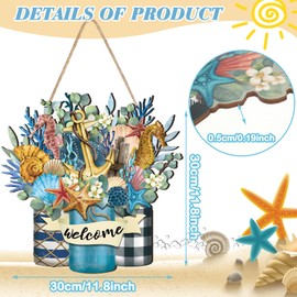 Welcome Summer Sign Ocean Beach Wooden Hanging Wreath Decor Ornament Wood Farmhouse Beach Starfish Door Decor Beach Theme Hanger for Front Door Porch Home Wall Window Indoor Outdoor Decorations