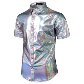 JOGAL Men's 70s Disco Shiny Metallic Gold Silver Short Sleeve Button Down Shirts SilverShimmer Medium