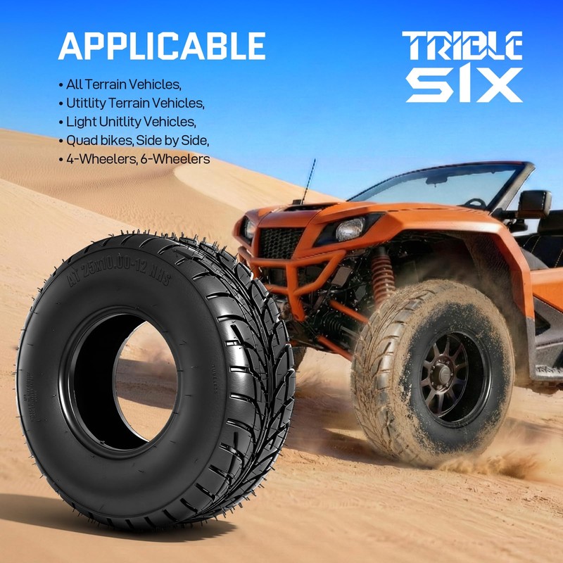 TRIBLE SIX 25x10-12 ATV/UTV Tires, 25x10x12 All-Terrain Tires, Set of