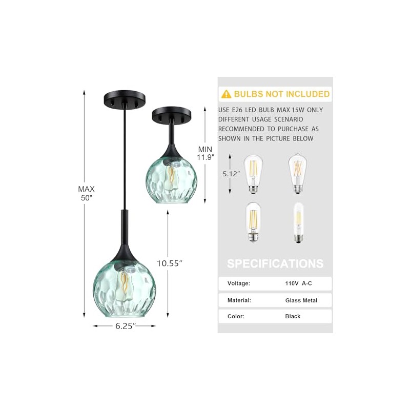 Doraimy Lighting 6.3" Hammer Green Glass Pendant Light 3 Pack