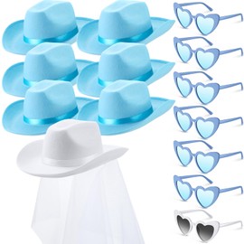 Unittype 14 Pcs Bridal Cowgirl Party Set Heart Glasses Bride Cowboy Hats for Bachelorette Party Bridal Wedding Shower(Classic Stlye,Blue, White)