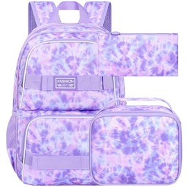 KLFVB Girls Backpack with Lunch Box, 17 Inch Cute Aesthetic School Backpacks, Anti Theft Water Resistant College Bookbag for Women Teens Primary Students - Purple