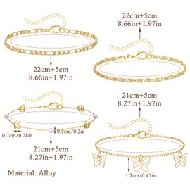 ankbrats 4pcs Ankle Bracelets for Women-18K Gold Plated Adjustable Anklets Set-Waterproof Butterfly Love Heart Foot Ankle Chains for Women Girls Summer Beach Jewelry Gifts