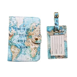 Word Map Front Cover PU Leather Passport Covers with Luggage Tags, Passport Holder Travel Suitcase Tag Set for Plane - Travel Boarding Accessories for Women,Travel Gift
