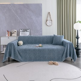 DREAMINGO Blue Chenille Couch Cover 3 Seater Sofa Covers Washable Stripes Jacquard Couch Protector Non Slip Modern Furniture Sectional Slipcover 71x134 Inch with Tassel for Living Room