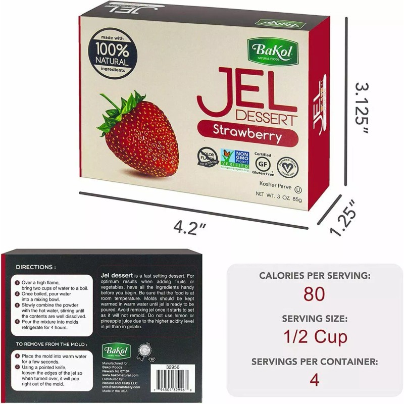 Bakol Vegan Strawberry Flavor Jello, Kosher Dessert Gelatin, 3 oz