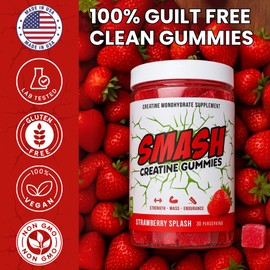 Smash Creatine Monohydrate Gummies 5g Dose for Men & Women,Made in USA, Vegan & Gluten Free to Support Muscle, Strength, Recovery, Cognitive Health & Memory, Strawberry, 120 Gummies
