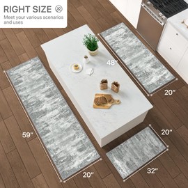 GENIMO Kitchen Rugs Sets of 3 Non Slip Washable Kitchen Mats for Floor, Waterproof Abstract Kitchen Runner Rug, Floor Mat Carpet for Hallway, Laundry, Sink, Entryway, Bathroom, White