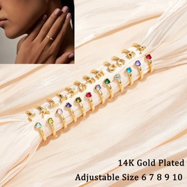 GLEZZA Initial Rings for Women Teen 14K Gold Plated Birthstone Rings Stackable Dainty Letter Rings Christmas Birthday Birthstone Jewelry Gifts for Mother Daughter,Adjustable Size 5-10