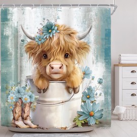Riyidecor Funny Highland Cow Shower Curtain for Bathroom Decor 72Wx72H Teal Western Rustic Cute Farmhouse Bull Floral Country Flower Plant Art Printed Fabric Polyester Waterproof 12 Pack Plastic Hooks