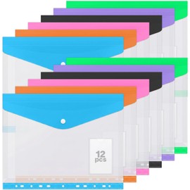 12 Piezas Carpeta de Plástico Impermeable, A4 Sobres Folder Transparentes Plastico con Botón a Presión, Carpetas de Sobres con Etiquetas para Oficina, Escuela, Bida Cotidiana, Estudio de Arte