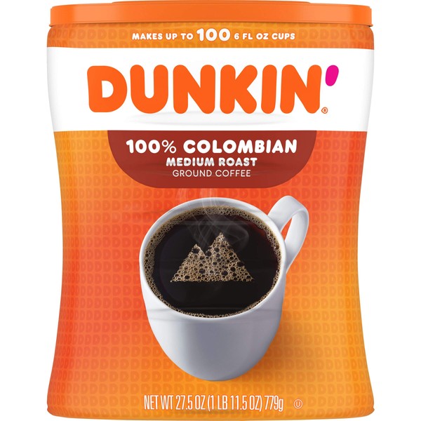 Dunkin' 100% Colombian Medium Roast Ground Coffee, 27.5 Ounce Canister (Pack of 4)