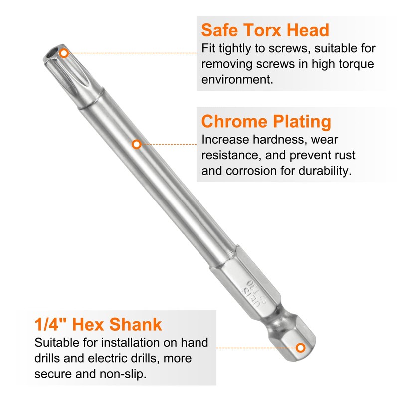 sourcing map T30 Security Torx Bit 1/4" Hex Shank 3"