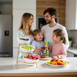 HBlife 3 Tier Serving Stand Oval Serving Bowl with Metal Rack, Ceramic Serving Dishes Chip and Dip Serving Set, Food Display Dessert Appetizer Candy Bowl, Tied Serving Trays for Parties, Gold