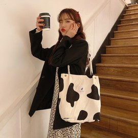 Anopo Cord Bags Women's Large Tote Bag with Inner Pockets Casual Handbag Shoulder Bag Shopper Fashion Fabric Bag for Everyday Office School Trip Shopping, Cow print.