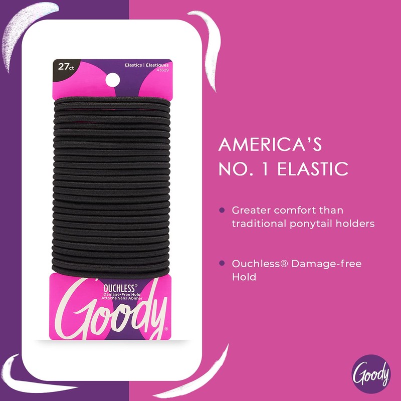 GOODY Goody Ouchless Women's Braided Elastic Thick, Black, 27 Count,
