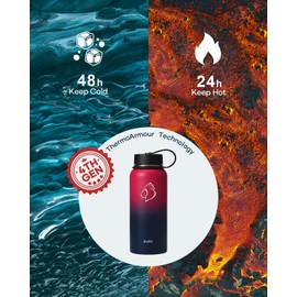 BUZIO 32 oz Water Bottle, (Cold for 48 Hrs) Insulated Stainless Steel Water Flask with Straw Lid & Carrying Sleeve, Wide Mouth Leak Proof & BPA-Free 1/4 Gallon Thermo Canteen, Yellow Orange, Red Black