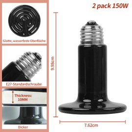 REPTI HOME Reptile Heat Lamp Terrarium, E27 Ceramic Heaters, 150 W, Pack of 2, Ceramic Heat Lamp Animals for Turtles, Chickens, Bearded Dragons, Puppies