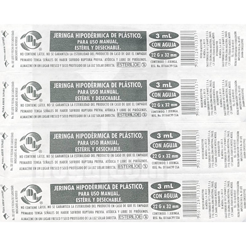 DL Caja De 100 Jeringas 3 mL Con Aguja 22