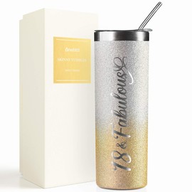 Onebttl 18th Birthday Gifts for Girls, Women, Her - 18 and Fabulous -20oz/590ml Stainless Steel Insulated Glitter Tumbler with Straw, Lid, Message Card - (Gold-Silver Gradient)