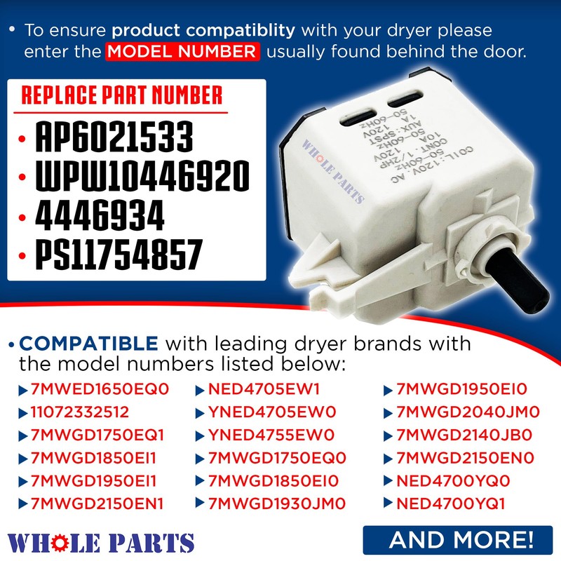 Whole Parts Dryer Start Switch Part# W10446920- Replacement & Compatible