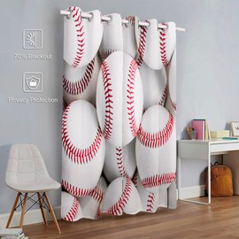 KLRIGR Curtains 42 x 63 inch Blackout Top Grommet Curtains (2 Panel) Darkening Window for Room Privacy Added Baseball Ball Decor Collection