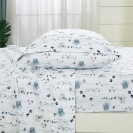 Chezmoi Collection Fran 4-Piece Floral Bed Sheet Set - Blue White Poppy Floral Watercolor Printed Microfiber 14-Inches Deep Pocket Sheets & Pillowcases Set, Full