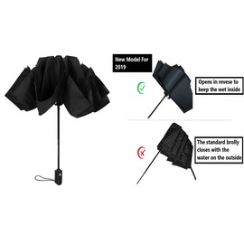 Compact Folding Reverse Umbrella Windproof Red Fibreglass Ribs Auto Open Close (Black)