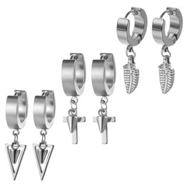 Aroncent 3 Pairs of Hoop Earrings Stainless Steel with Feather Cross Triangle Earrings Huggie Ear Piercing Earring Set Gold Black Ailber, Stainless Steel, No Gemstone