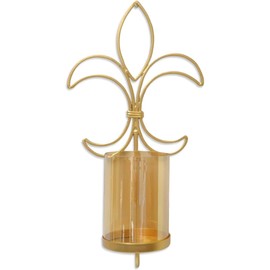 Hosley Metal Gold Fleur Dis Lis Wall Sconce with Glass Candle Holder 13.25" High. Pillar Candle Holders Decorative Iron Sconces for Home Décor