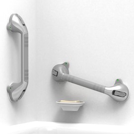 AquaChase 17“ Suction Shower Grab Bar with Indicators, Tool-Free Installation, Steady Handle for Balance Assist for Bathtub, Toilet, Bathroom, Dual Tone, Silver/Gray 2-Pack
