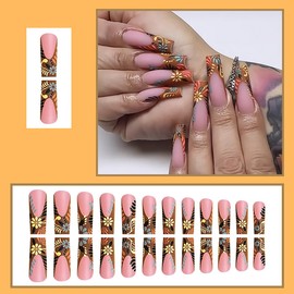 24 Pcs French Tip Press on Nails Long Square Full Cover Autumn Maple Leaves Fake Nails Thanksgiving Nail Art Coffin Nail Tips Nude False Nails with Flower Design Acrylic Glue on Nails for Women Girls