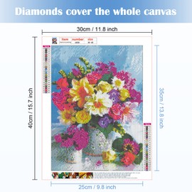 MXJSUA 5D Diamond Painting Pictures 5D Diamond Painting Pictures Adults 5D DIY Diamond Painting by Number Kit Round Drill Beads Crystal Rhinestone Picture Wall Sticker Decor Flowers in Vase 30 x 40 cm
