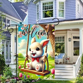 BlissYard Welcome Garden Flag 12x18 Inch Double Sided Spring Yard Flags Cute Bunny Swing Outdoor Decorative Flag for Spring Easter Yard Porch Farmhouse Outside Decor