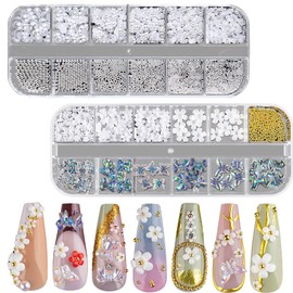 2 Boxes Nail Art Charms Small 3D Nail Art Decorations Butterfly Nail Jewellery Flower Nail Art Pearls 24 Grids Nail Accessories for DIY Nails Clothes Face Craft Party Wedding