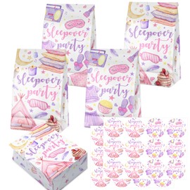 SamPartyShop 24 Pack Sleepover Party Favor Bags with Stickers for Kids – Pajama Goodie Bags, Sleepover Birthday Decorations, Slumber Party Supplies for Girls
