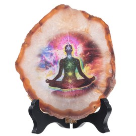 mookaitedecor Chakra Symbol Agate Disc with Wooden Stand, Irregular Agate Stone Figure for Office Home Decor and Reiki Healing
