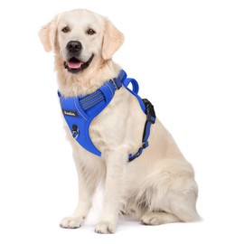 Funfox Dog Harness No Pull, Adjustable Pet Vest Harness, Super Soft Material with Vertical Handle Easy Control, Reflective Night Walking, 2 Leash Clips for Large Dogs, Blue, L
