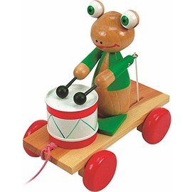 WOODY 90196 Nachziehfigur Frosch mit Trommel, beige, 3-5 Jahre