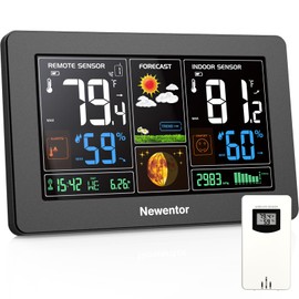Newentor Weather Station Wireless Indoor Outdoor Thermometer, Color Display Digital Weather Thermometer with Atomic Clock, Barometric Pressure, Forecast Station with Adjustable Backlight,White,2Sensor