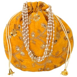 Craft Trade Yellow Evening Bag Indian Ethnic Designer Embroidered Silk Bag Batwa Pearls Handle Purse Clutch Purse for Women, Yellow