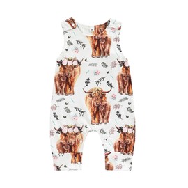 Dubute Newborn Western Baby Boy Clothes Highland Cow Print Jumpsuit Summer Outfit Cowboy One Piece Romper (White, 3-6 Months)